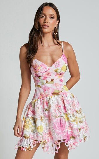 Alyce Mini Dress - Strappy Bust A Line Dress in Floral Pint