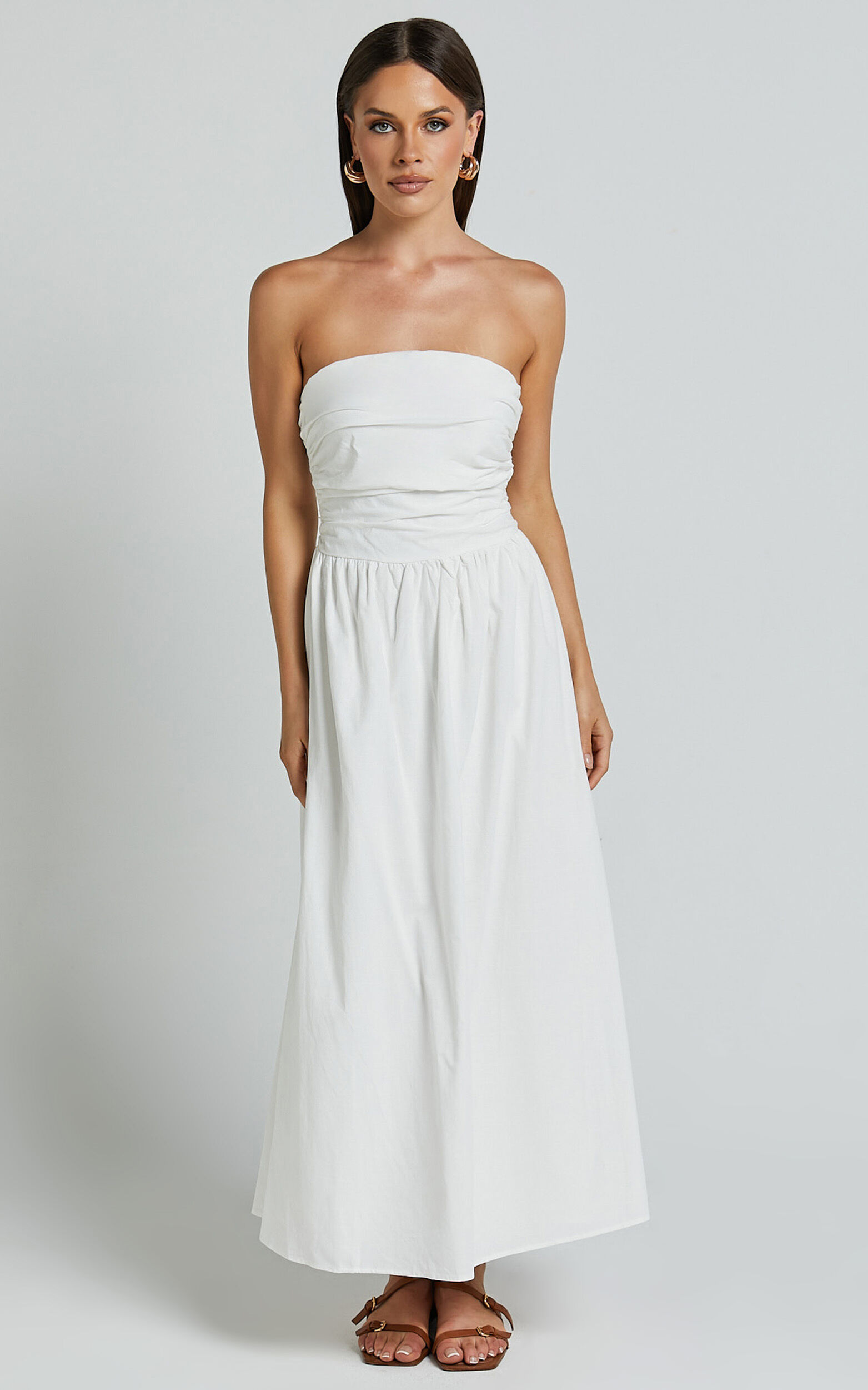 Polly Midi Dress - Strapless Ruched Dress in White | Showpo USA