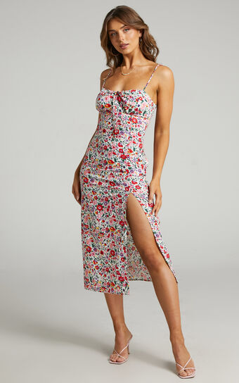 Misty Tie Up Front Midi Dress in White Floral