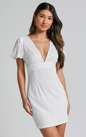 Cleonna Mini Dress - Short Puff Sleeve Plunge Neck Sequin Bodycon in White