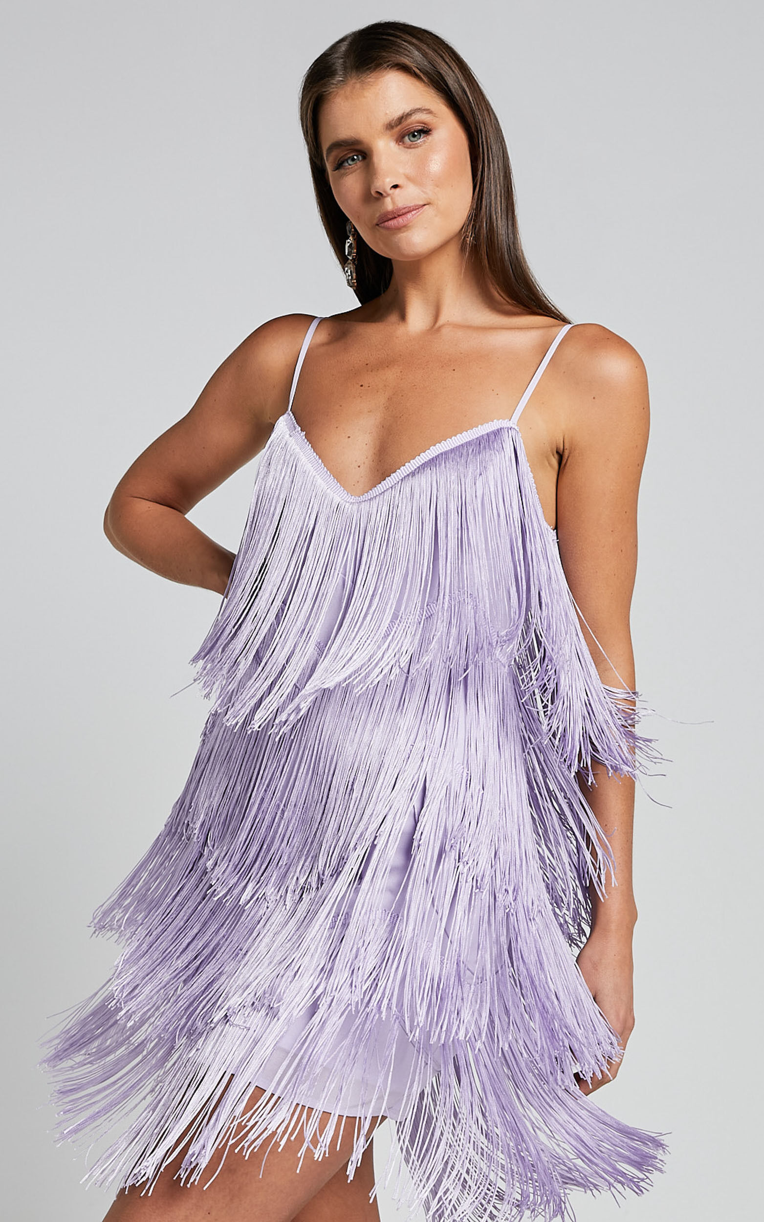 Siofra Mini Dress Zig Zag Fringe Dress in Lilac Showpo