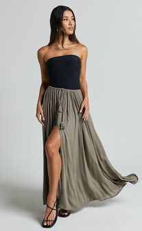 Under The Twilight Maxi Skirt - Thigh Split Skirt in Olive