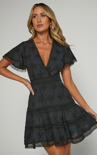 Ariana Mini Dress - V Neck Flutter Sleeve A Line in Black