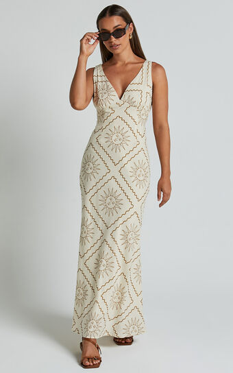 Sharlyn Midi Linen Blend Dress - Deep V Neck Sleeveless Slip Dress in Beige Sun Print