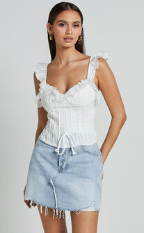 Drew Top - Textured Lace Frill Detail Top in White