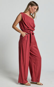 Adria Jumpsuit - Asymmetrical Short Sleeve Linen Look Jumpsuit in Clay