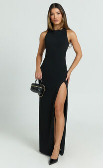 Tonya Maxi Dress - High Neck Cross Back Bodycon Dress in Black