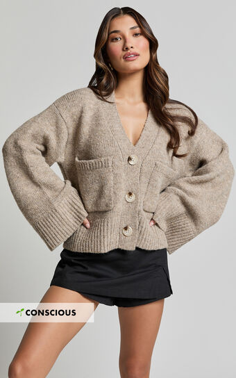 Becka Cardigan - Oversized Recycled Knitted Button Through Cardigan in Biscuit