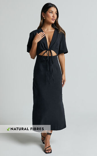 Sharon Midi Dress Plunge Neck Short Sleeve Front Cut Out in Black