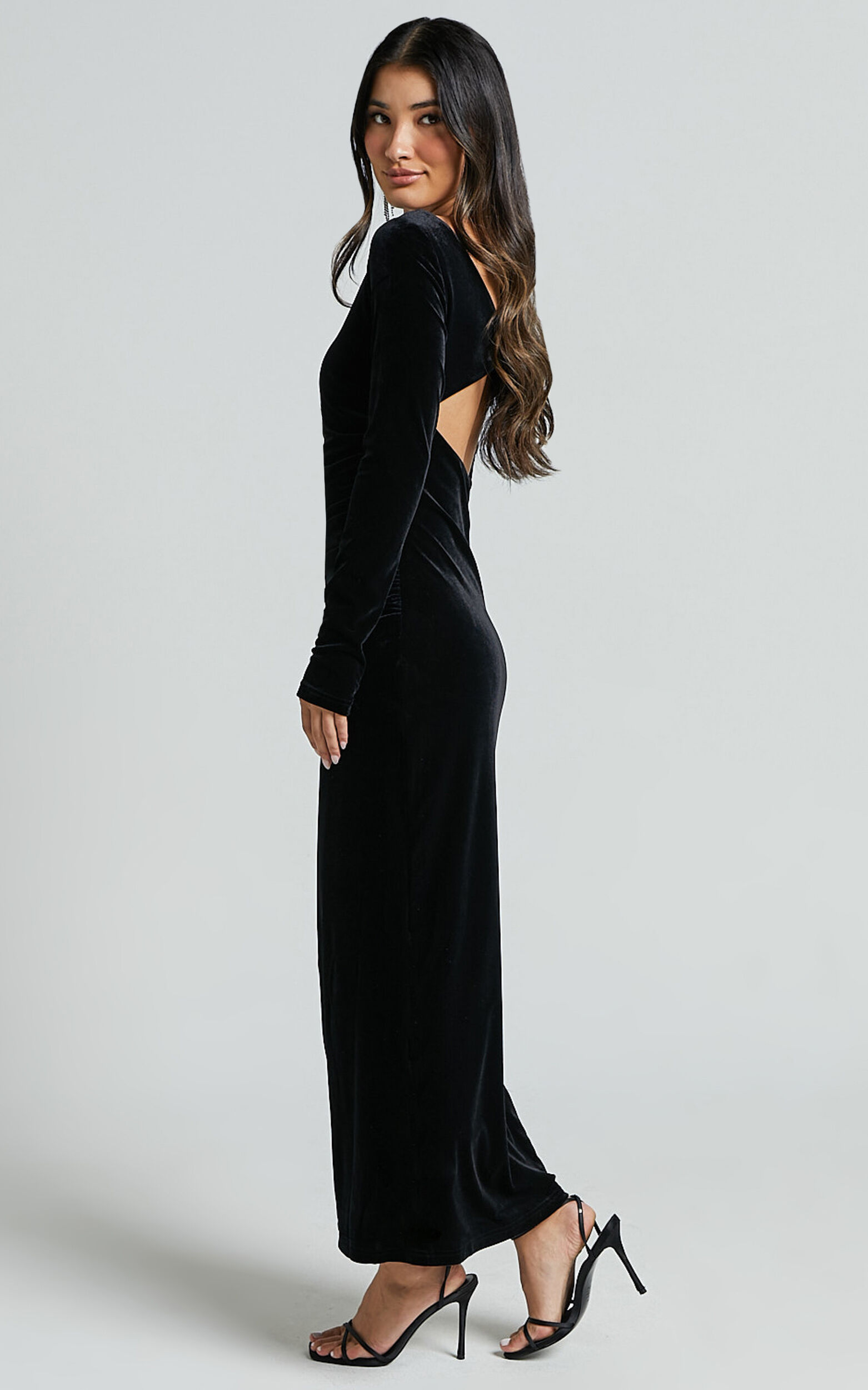 Mirabelle Midi Dress Long Sleeve Back Cut Out Ruched Velvet Dress in Black Showpo USA