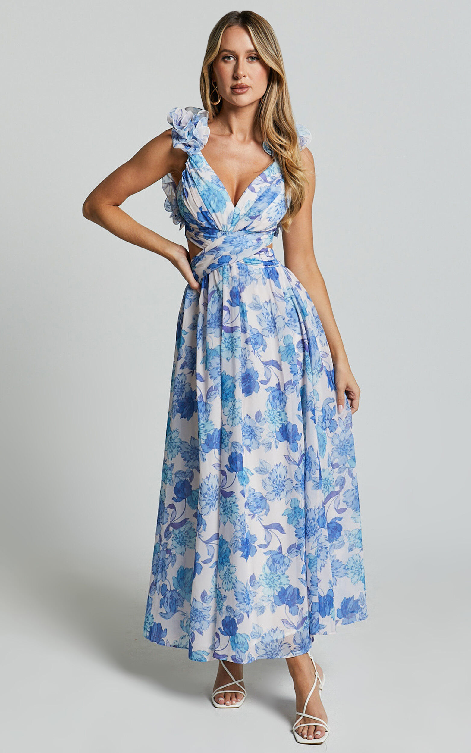 Zeita Midi Dress Ruffle Detail Strap Cut Out Dress in Blue and White Print Showpo EU