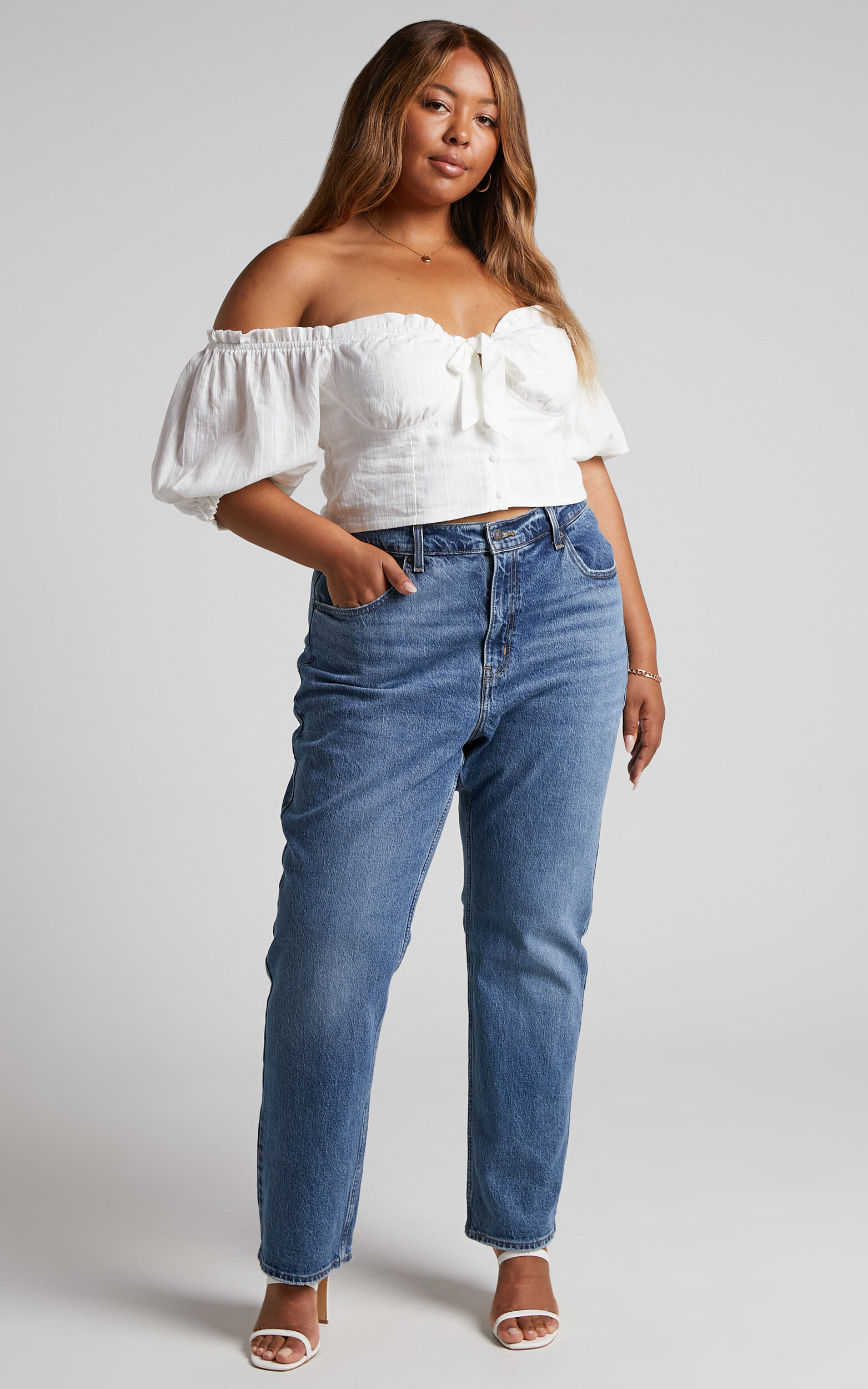 Roella Top Sweetheart Tie Front Puff Sleeve Top in White Showpo Roella Top Sweetheart Tie Front Puff Sleeve Top in White Showpo