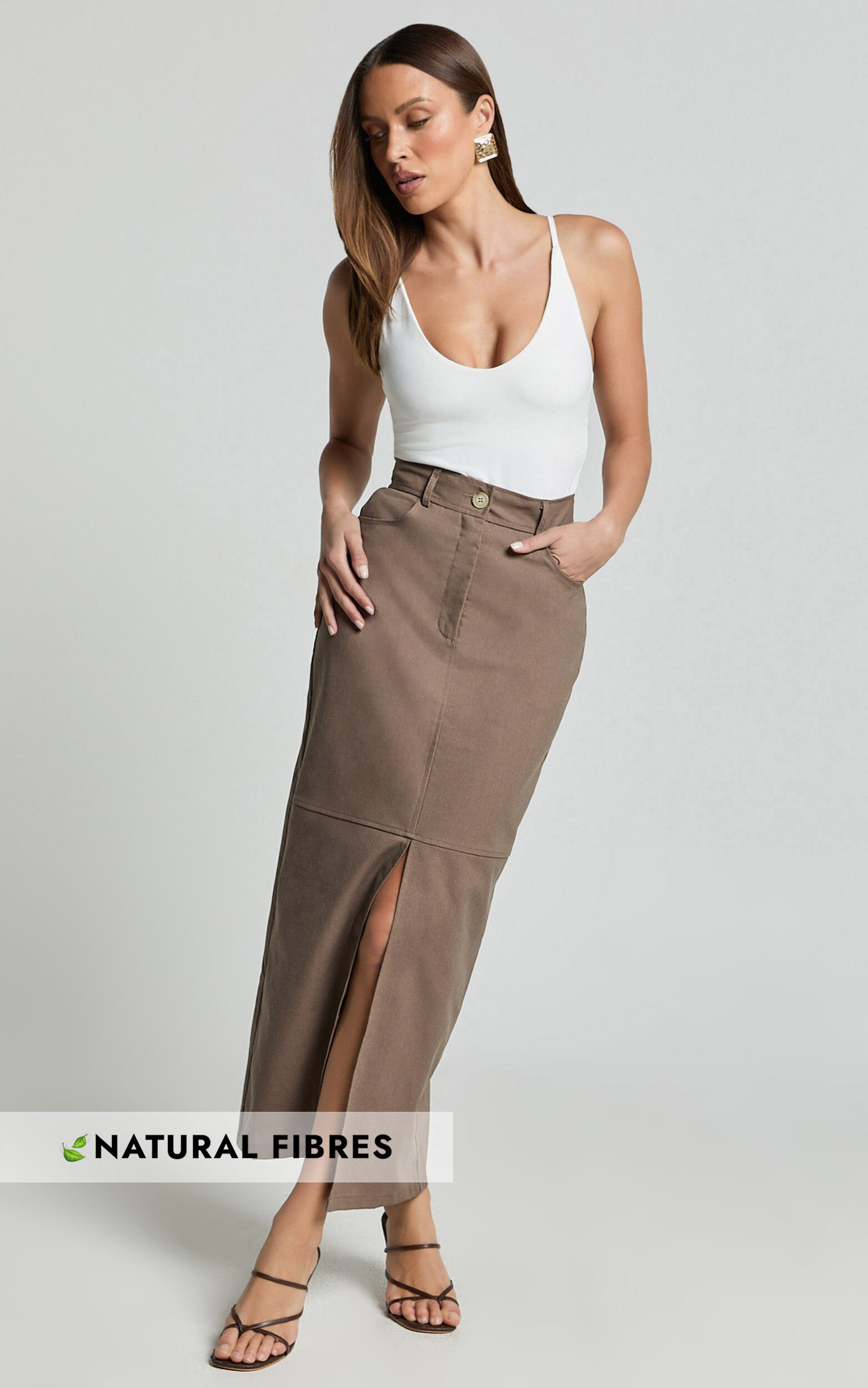 Vanna Midi Skirt - High Waisted Front Slit Skirt in Mocha - 06, BRN1