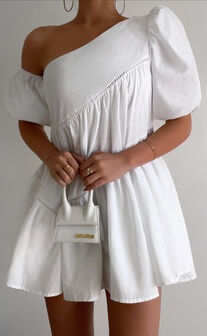 Harleen Mini Dress - Linen Asymmetrical Trim Puff Sleeve Dress in White