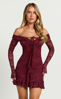 Theresa Mini Dress - Off Shoulder Tie Front Dress in Wine