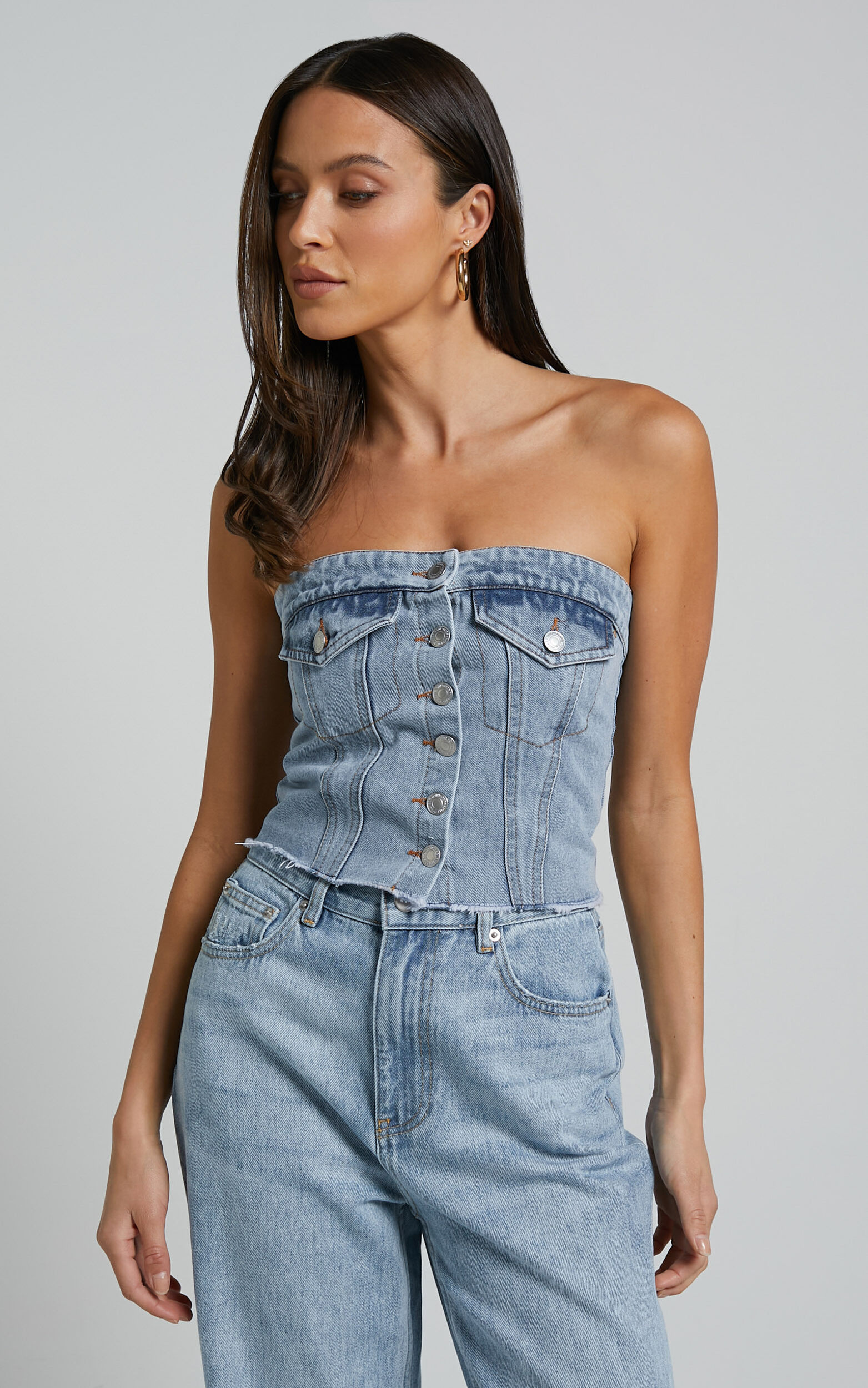 Aubrielle Bustier - Denim Bustier with Pocket Details in Indigo Wash - L, BLU2