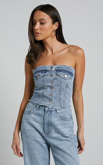 Aubrielle Bustier - Denim Bustier with Pocket Details in Indigo Wash