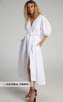 Amalie The Label - Franc Linen Puff Sleeve Wrap Midi Linen Dress in White