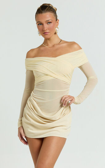 Jade Mini Dress - Long Sleeve Off Shoulder Draped Bias Cut Dress in Cream