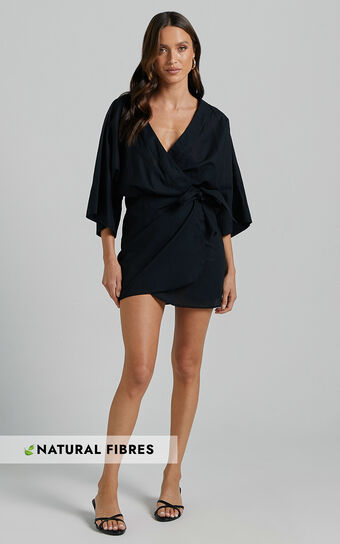 Meranda Mini Dress - V Neck 3/4 Sleeve Wrap in Black