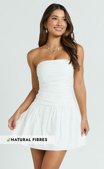 Donatella Mini Dress - Strapless Drop Waist Dress in White