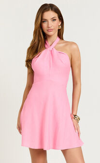 Louie Mini Dress - Linen Halter Neck Dress in Candy Pink