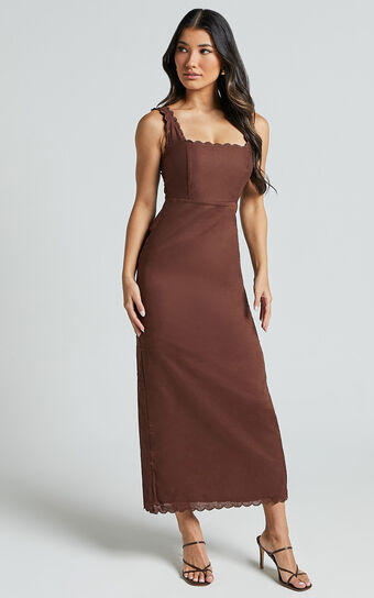 Gwyneth Midi Dress - Wide Strap Neck Wavy Hem Slip Dress in Chocolate