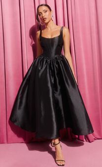 Courtney Midi Dress - Corset Panel Low Back Dress in Black
