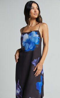 Emmanuelle Midi Dress - Strappy Side Split Satin Dress in Electric Bloom Print