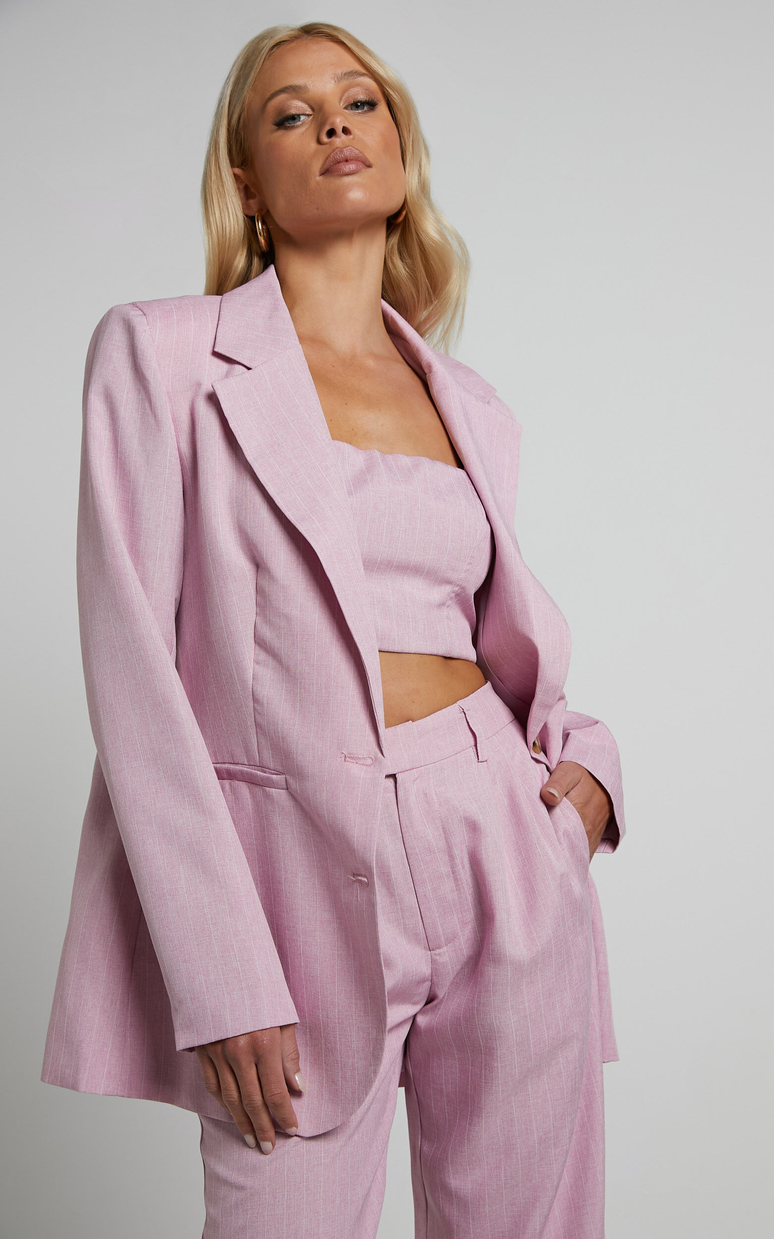Marvilla Blazer Single Breasted Shoulder Pad Blazer in Light Pink Pinstripe Showpo EU