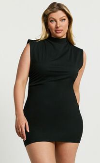 Carleigh Mini Dress - High Neck Ruched Bodycon Dress in Black