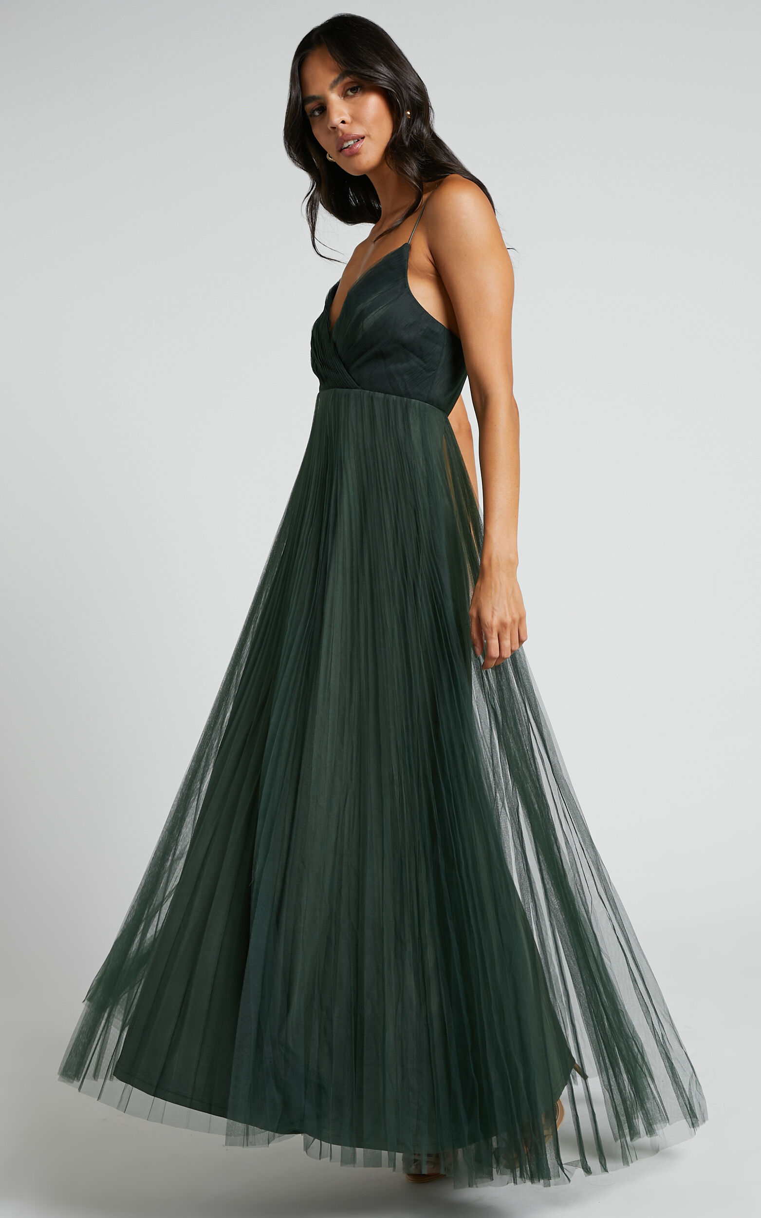 Allany Maxi Dress - Faux Wrap Bodice Pleated Tulle Dress in Emerald ...