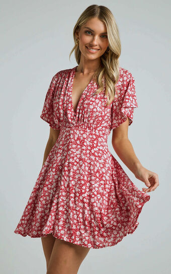 Kharry Mini Dress - Button Through Short Flutter Sleeve Waist Tie in Red Floral