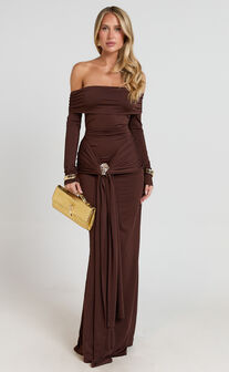 Trish Maxi Dress - Off Shoulder Hardware Trim Bodycon Dress in Chocolate