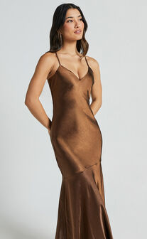 Etienne Midi Dress - Asymmetric Hem Satin Slip Dress in Chocolate