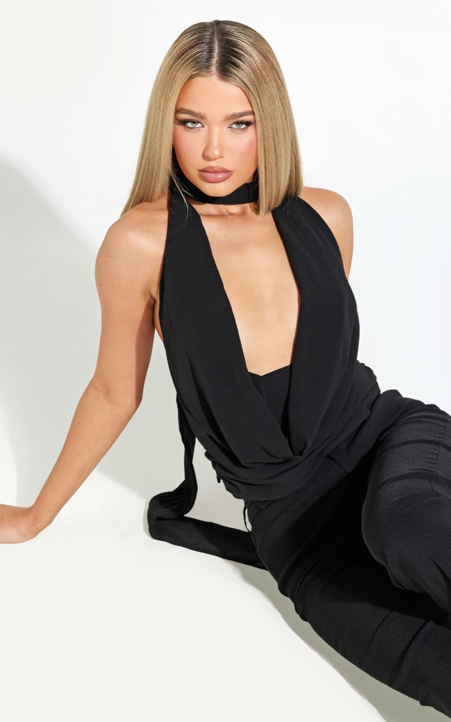Berlina Top - Halter Neck Cowl Scarf Top in Black - 04, BLK1
