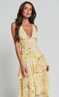 Beryl Midi Dress - Deep V Neck Sleeveless Layered Dress in Yellow Floral