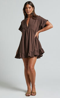 Calissa Mini Dress - Frill Hem Smock Dress in Chocolate