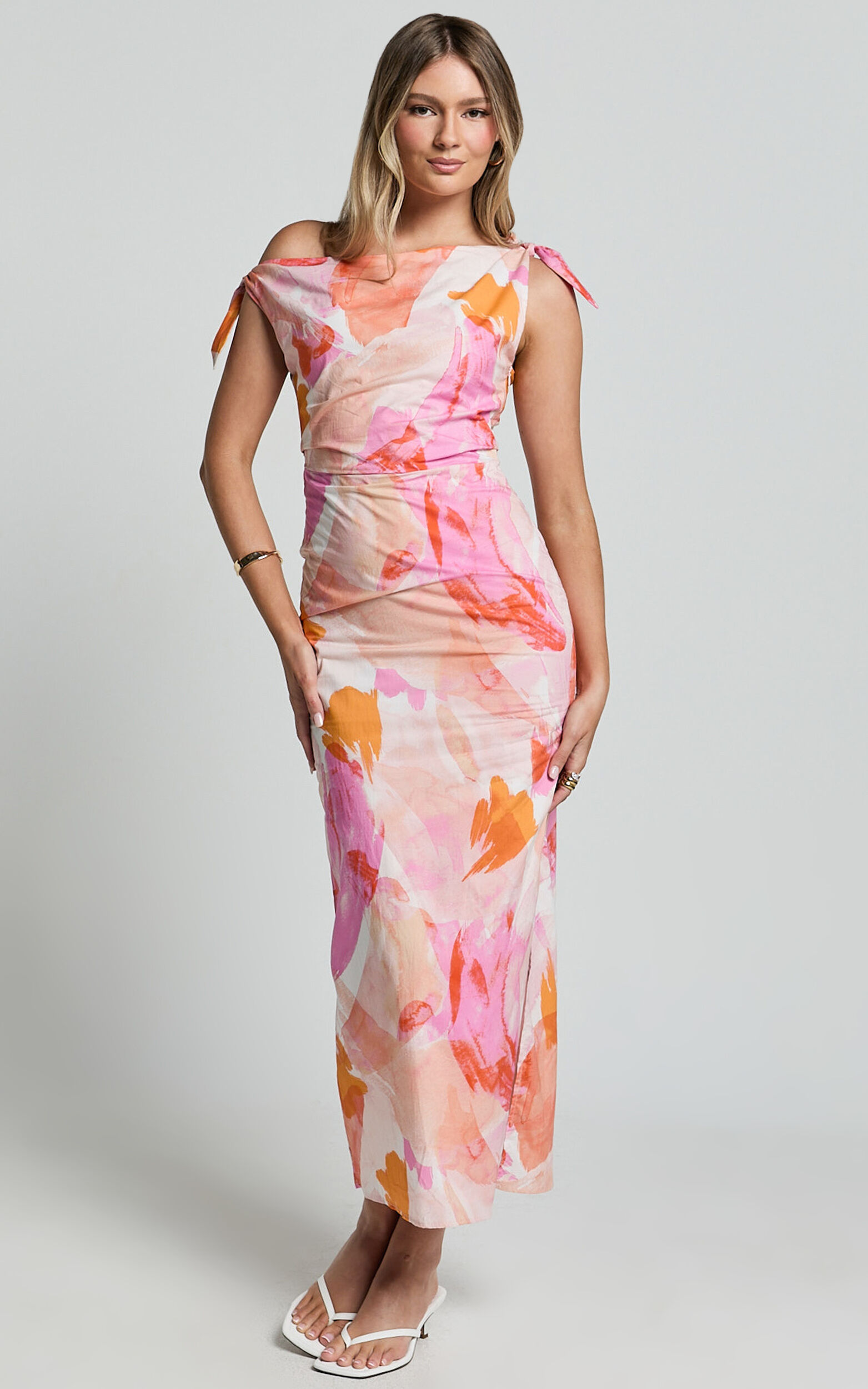 Cincinnati Midi Dress - Off The Shoulder Side Split Column Linen Look Dress in Pink Blur Floral - 06, PNK1