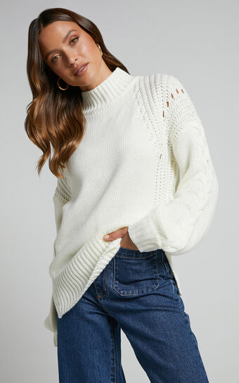 Trizia Jumper - Long Sleeve High Neck Pointelle Knit Jumper in Cream