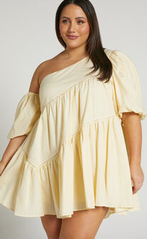 Harleen Mini Dress - Linen Look Asymmetrical Trim Puff Sleeve Dress in Beige