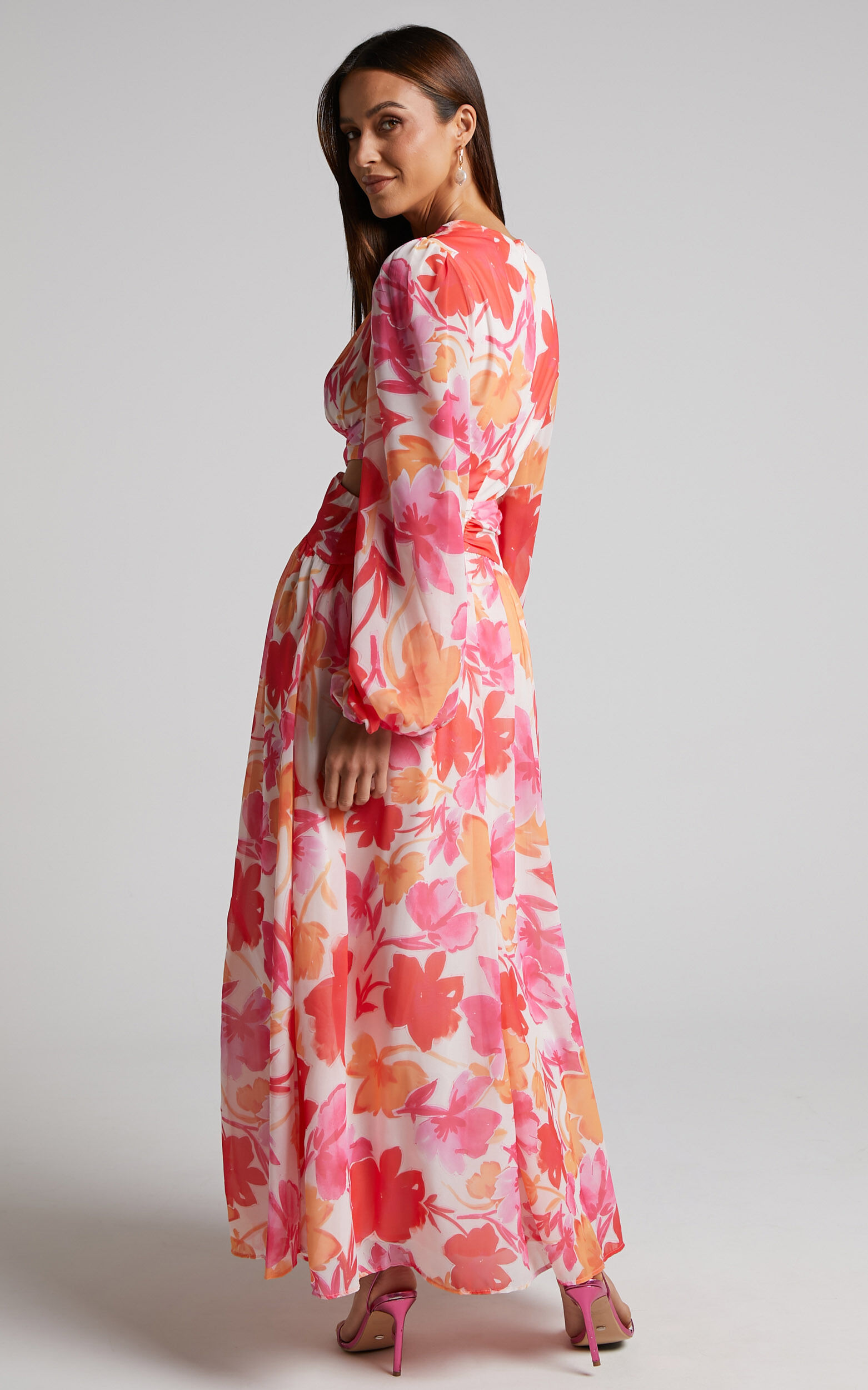 Emilee Midi Dress Side Cut Out Long Sleeve Plunge Dress in Pink