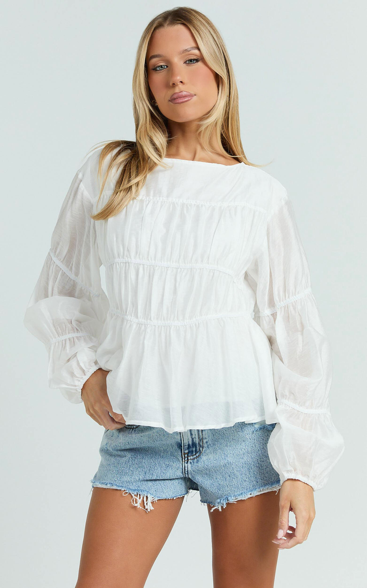 Malou Top - Shirred Long Sleeve Top in White - 06, WHT1