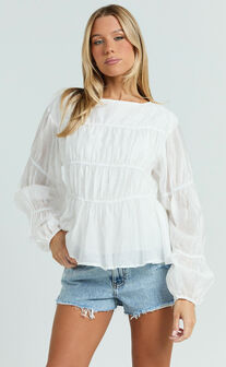 Malou Top - Shirred Long Sleeve Top in White