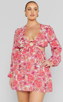 Geneve Mini Dress - Ring Cut Out Long Sleeve Dress in Nylene Pink Floral
