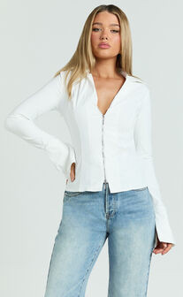 Hartley Top - Long Sleeve Zip Through Fitted Shirt in White