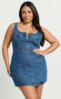 Chrysoula Mini Dress - Square Neck Zip Front Sleeveless Bodycon Denim in Mid Blue Wash