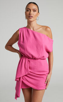 Niana Mini Dress - Drape One Shoulder Dress in Pink