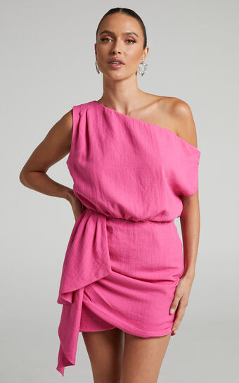 Niana Mini Dress - Drape One Shoulder Dress in Pink