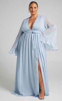 Dangerous Woman Maxi Dress - Plunge Thigh Split Dress in Light Blue